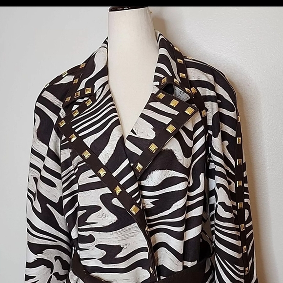 Michael Michael Kors Trench Coat Chocolate Zebra Stud Belt Midi Fall Designer - Picture 5 of 16